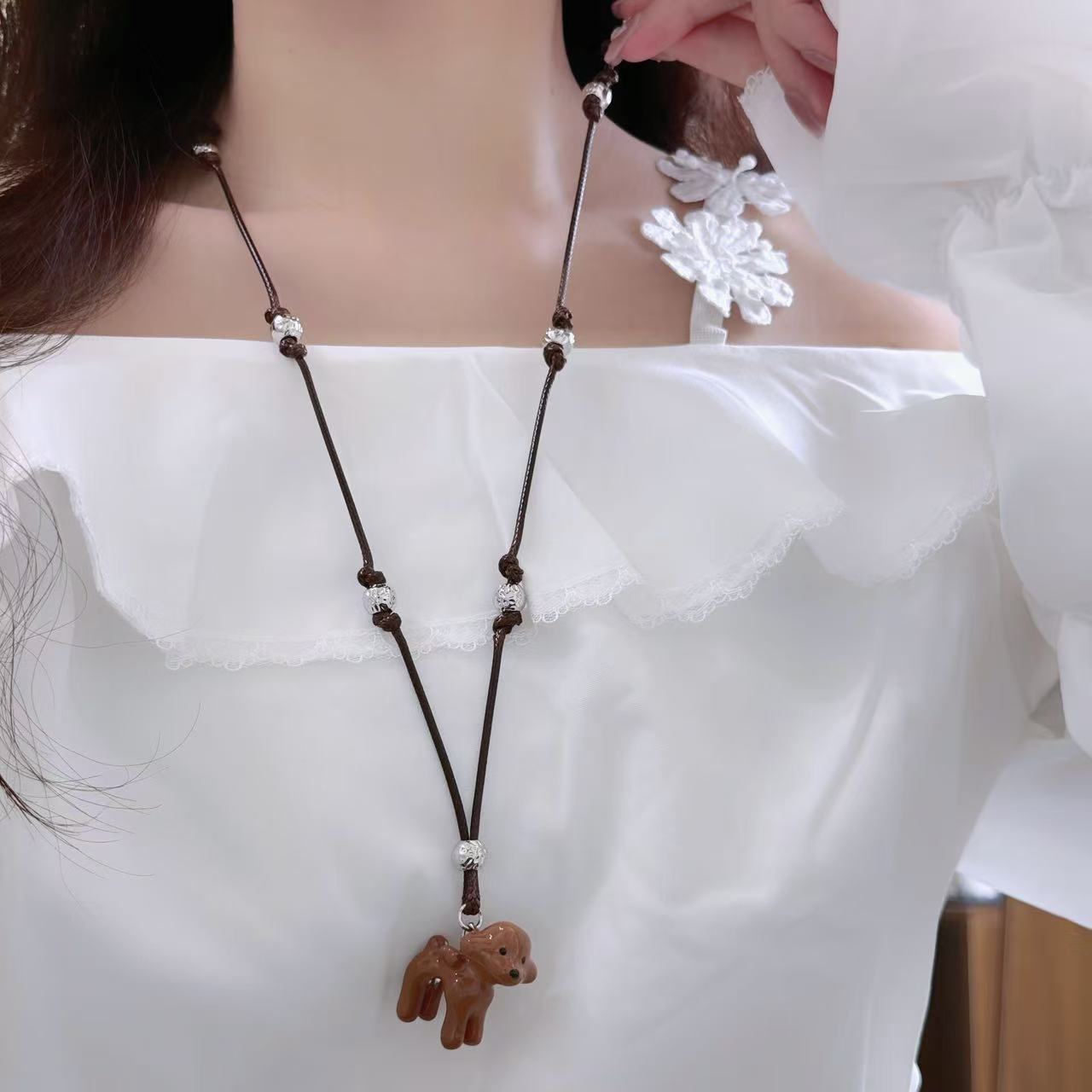 卡通童趣滴油泰迪狗狗吊坠项链女时尚百搭小众设计长款皮绳毛衣链