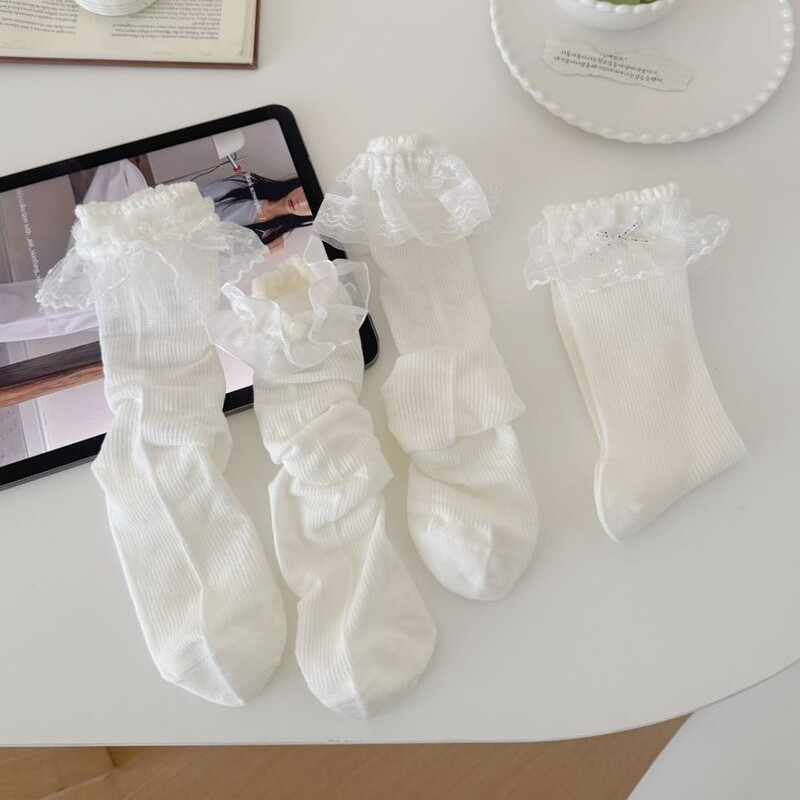 White Lace Trim Slouch Socks for Women, Spring and Summer Thin Style, Japanese Jk Lolita Mid-Calf Socks, Young Girl Ballet Style Socks
