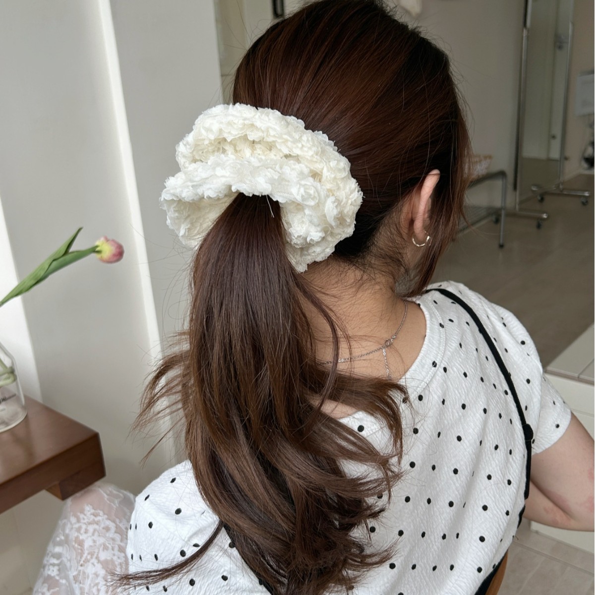 Sentido de niña, rosa tridimensional, plisado de encaje, lazo para el cabello de intestino grueso, cola de caballo baja para mujer, cuerda para el cabello, accesorios para el cabello, tocado para el cabello