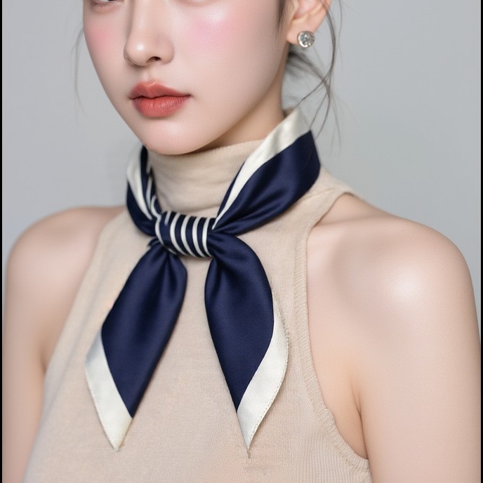 Pañuelo cuadrado pequeño de 70cm a rayas blancas y negras de estilo coreano dulce y simple, bufanda de seda para mujer, bufanda de moda de todo fósforo de primavera y otoño, bufanda profesional