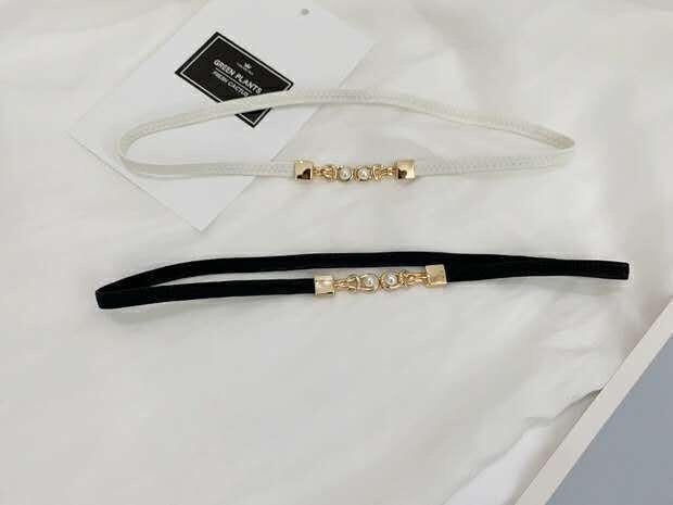 Solid Color Pattern Retro Solid Color Pu Leather Alloy Plating Inlay Pearl Women's Leather Belts
