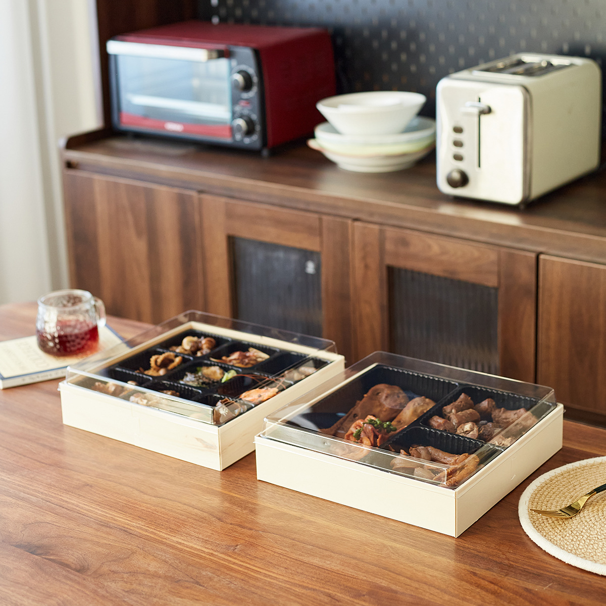 Caja de madera desechable para llevar, caja de embalaje de productos de marisco, caja de embalaje de alimentos cocinados, caja de embalaje separada de sabor marinado, caja de embalaje de nueve gentes