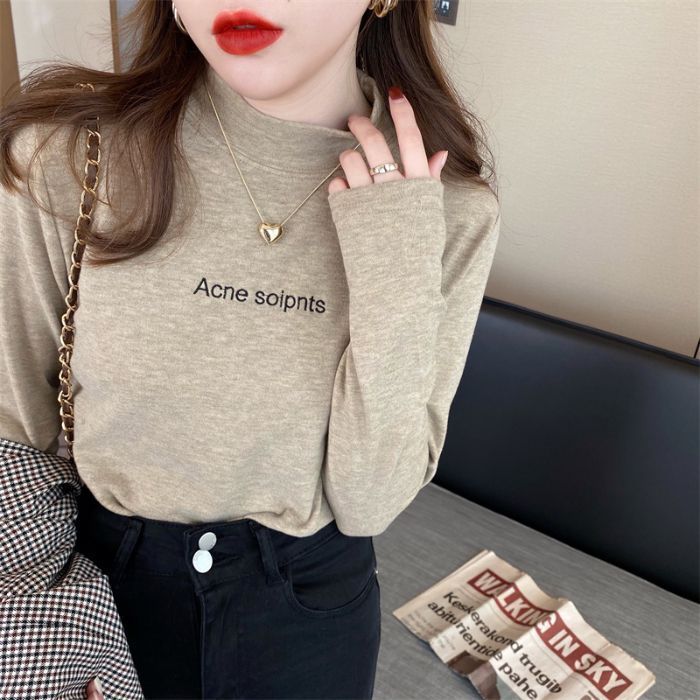DeRong ボトリングシャツ Tシャツレディース 2024 秋冬新スタイル厚みのある起毛カチオンハーフタートルネックインナートップ|undefined