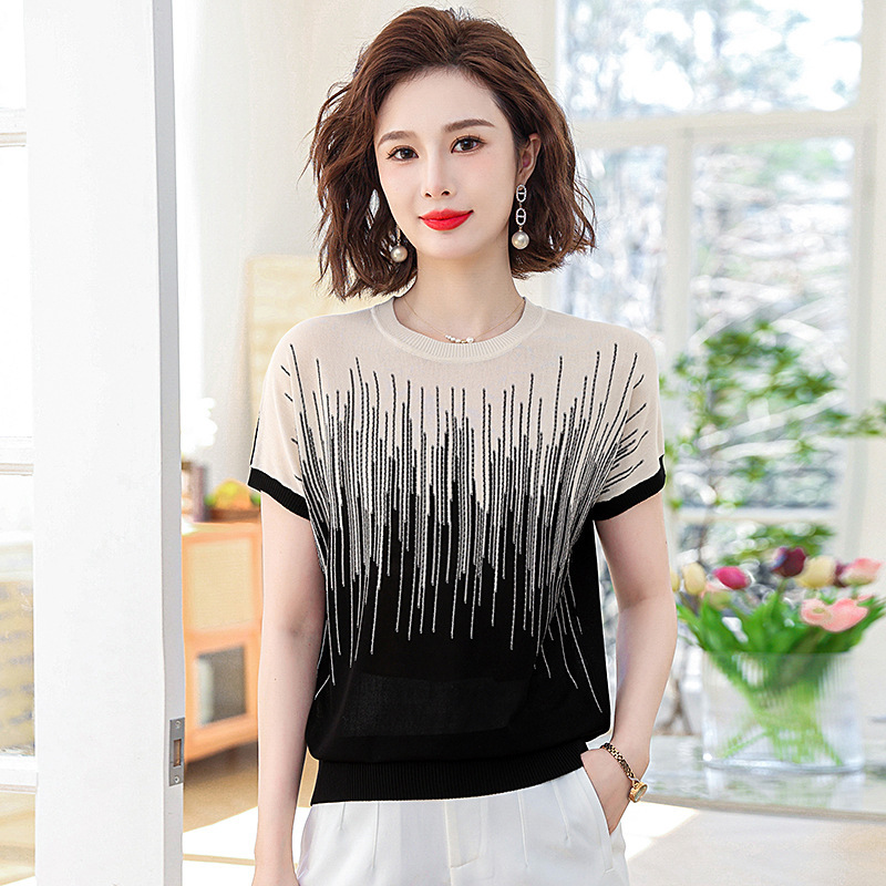 Mom's Summer Short-sleeved Top Stylish Loose T-shirt Middle-aged and Elderly Women's Women's Crewneck Thin Small Shirt