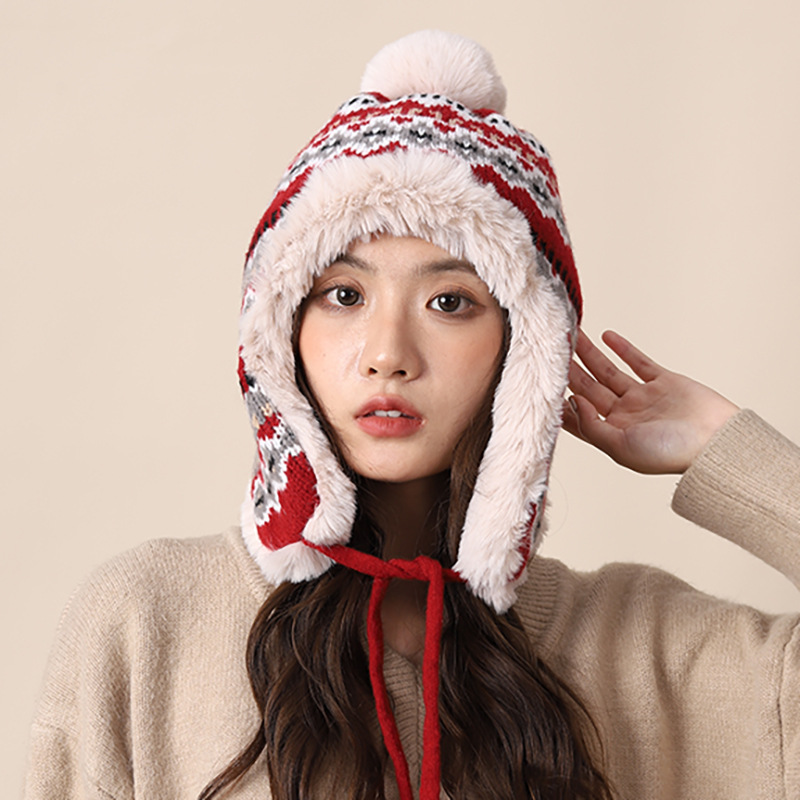 Knitted women in autumn winter, thickened warm, highlighting face and small ear protection, plush for cycling, cold_voghion.com