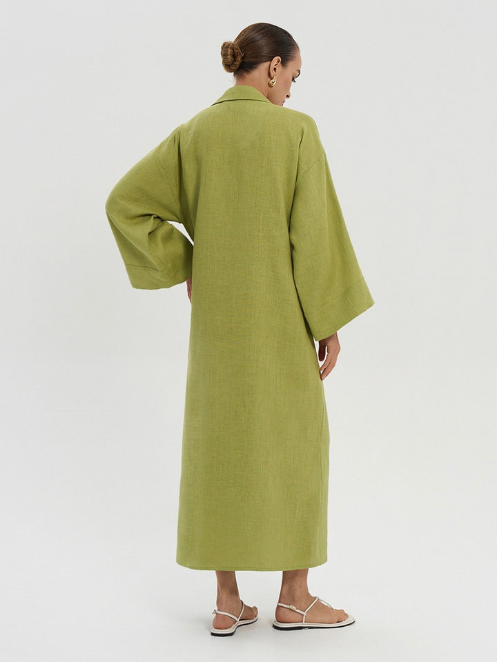 Đầm dài nữ chất liệu cotton lanh, cổ chữ V ve áo, tay dài, dáng rộng thắt dây — Xanh trái cây, Đỏ tươi chi tiết 52
