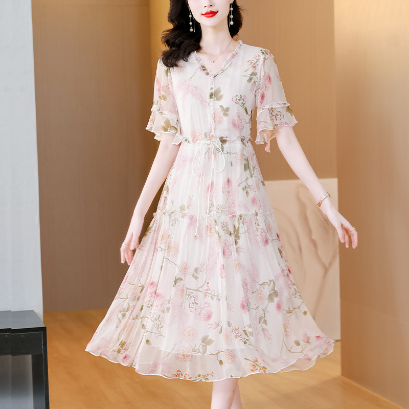 Chiffon Printed Dress Women's 2023 Summer New Arrival Design Sense French Style Elegant Sweet Romantic Long Dress