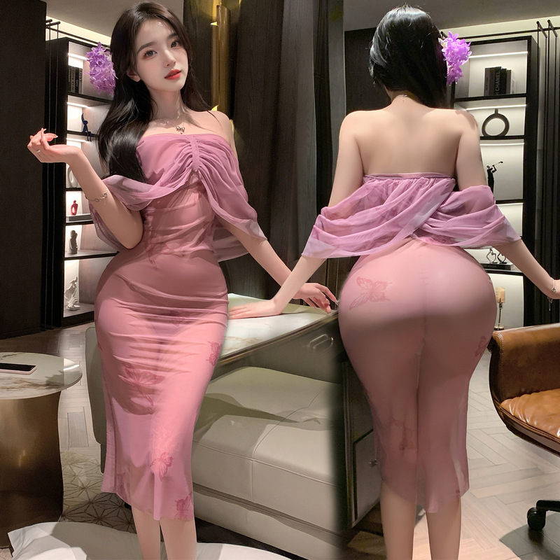 Manyan Sexy Intimates, Feminine Printed Two-Wear Tube Top, Soft Gauze See-Through Elastic Tight Long Skirt Nightgown 100470