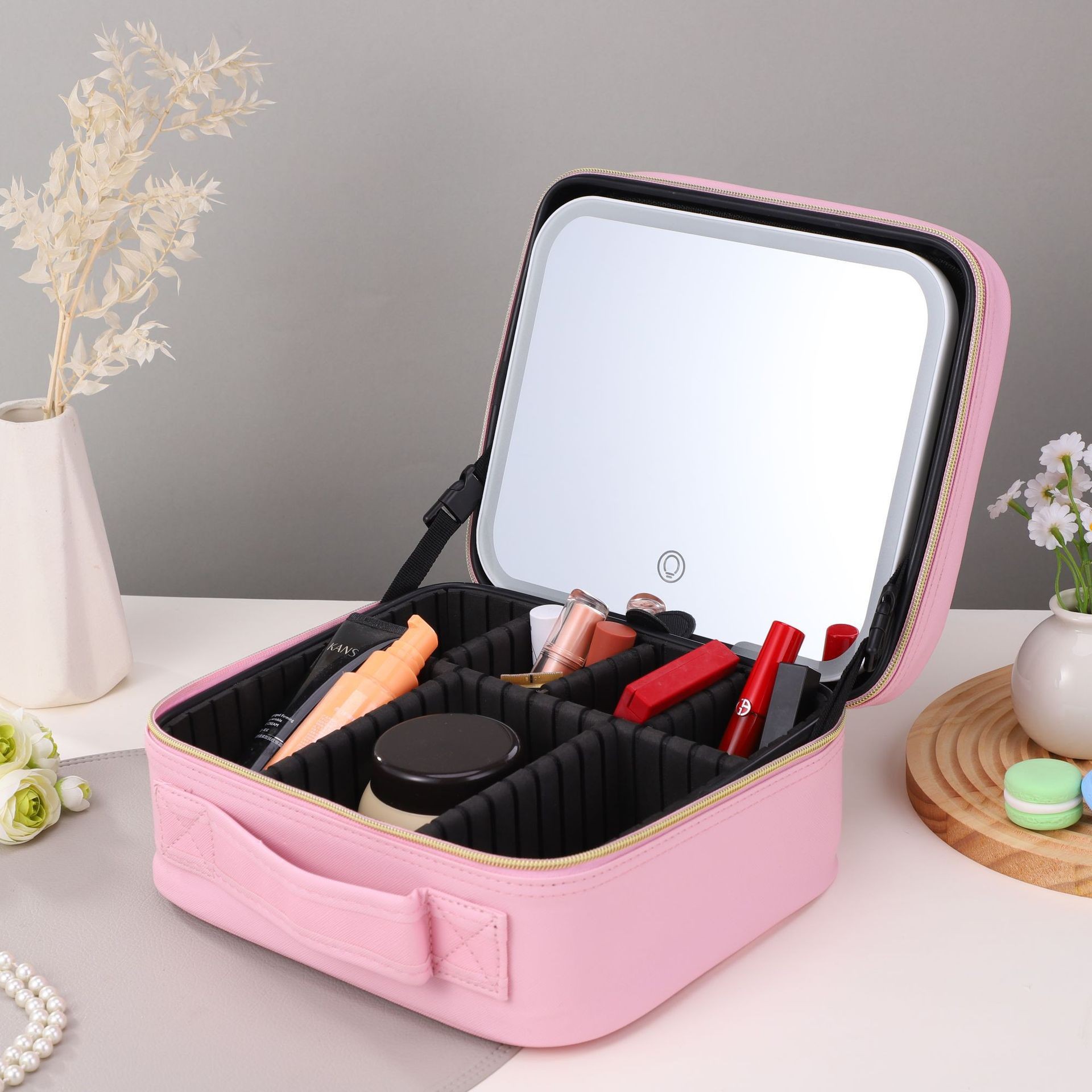 Nuevo tipo con lámpara led espejo de maquillaje bolsa de maquillaje de gran capacidad bolsa de maquillaje de viaje caja de maquillaje portátil