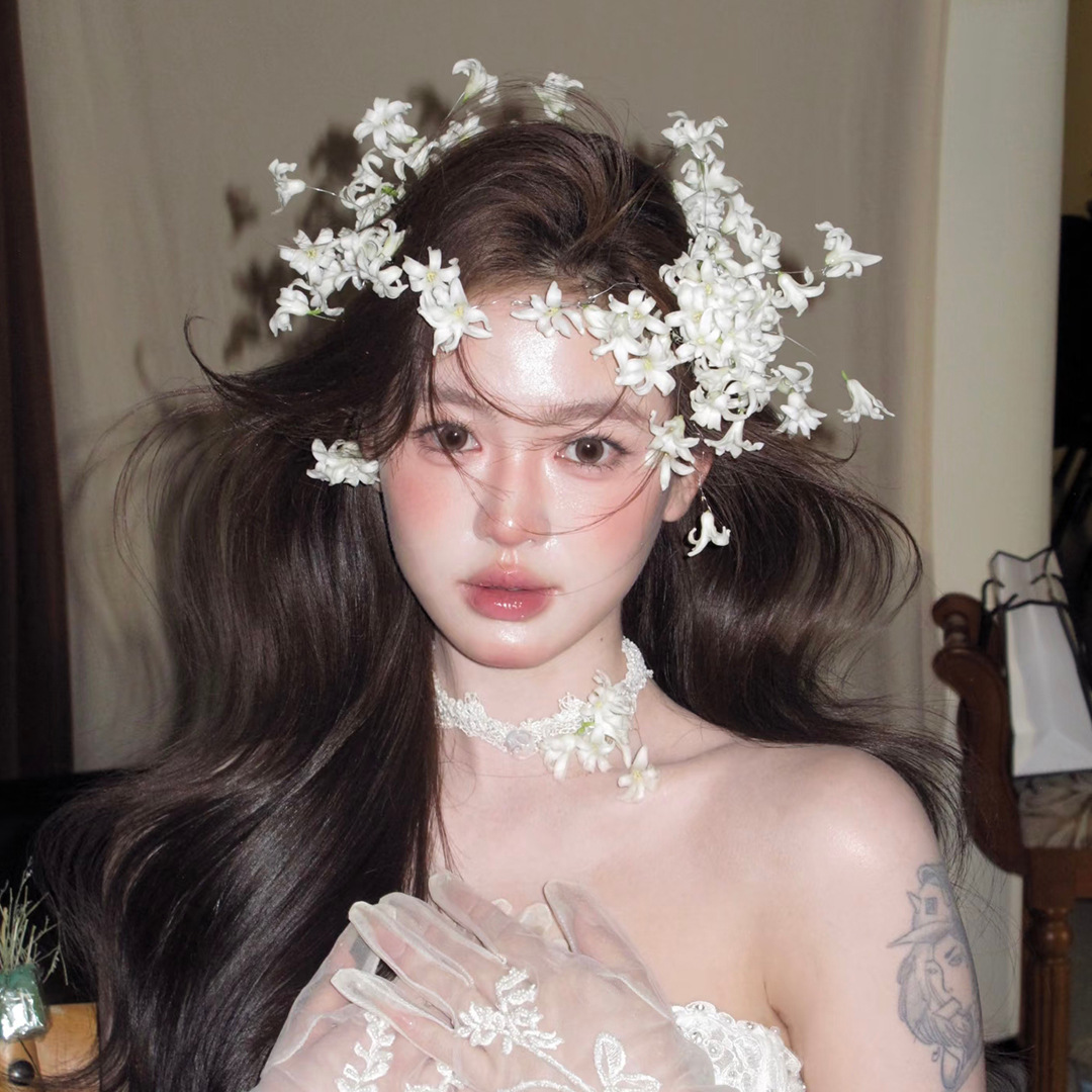 Bridal White Floral Hair Accessories, Forest-Style Dreamy Fairy Wedding Dress Styling Headpiece, Elegant Handmade Studio Photo Shoot Wedding Accessory