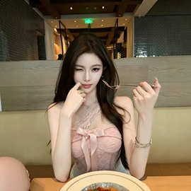 TZ7839纯欲风蕾丝挂脖抹胸背心女夏季粉色甜美斜肩蝴蝶结性感上衣
