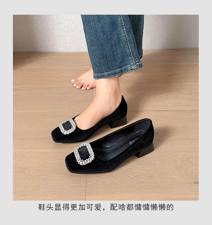 Giày bệt nữ mũi vuông khóa cài đính đá, cổ thấp, đế bằng, giày công sở — màu xám, màu đen chi tiết 12