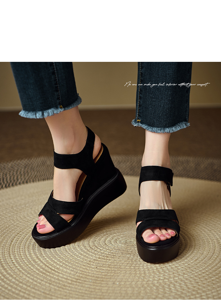 Sandal cao gót nữ mũi hở, đế xuồng bọc da lộn, quai ngang khóa dán, gót 9 cm — Nâu vàng, màu đen chi tiết 13