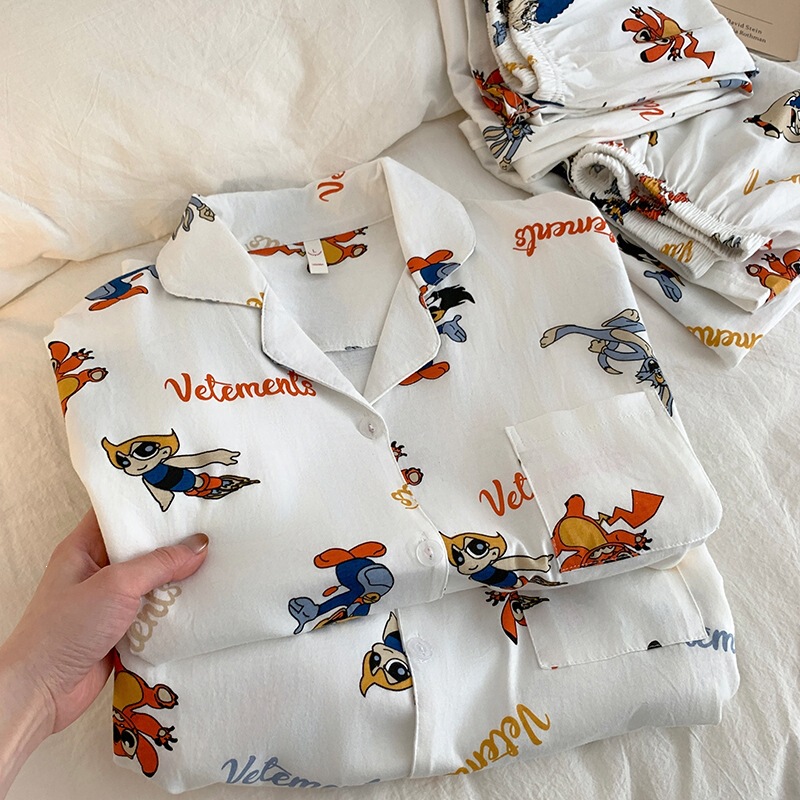 Korean Disney Pure Cotton Couple's Pajamas for Men and Women, New Spring Cartoon Long-Sleeved Home Wear Set That Can Be Worn Outside
