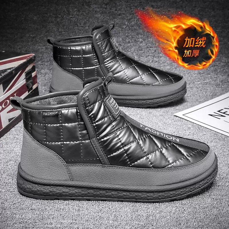 冬季新款户外时尚雪地靴加绒保暖平底棉鞋羽绒布面套脚高帮男靴