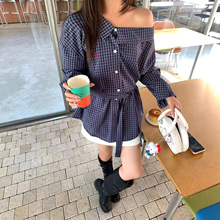 【Rainbow】法式复古飘带露肩宽松显瘦格子长袖衬衫女秋季新99321