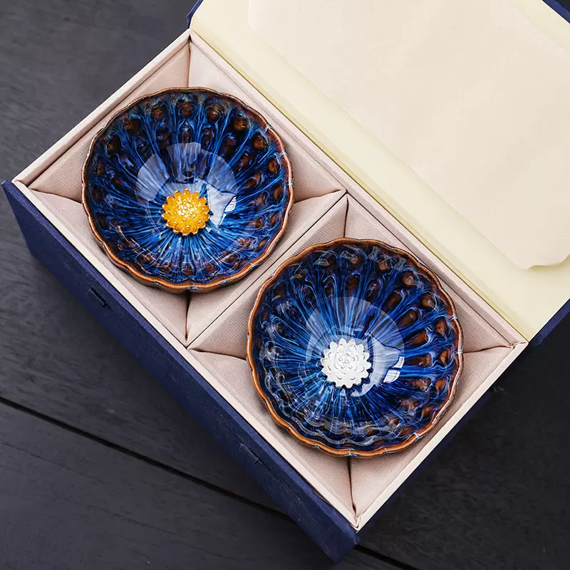 敦煌莲花茶杯主人杯建盏陶瓷功夫茶盏窑变结婚对杯家用送老外礼盒