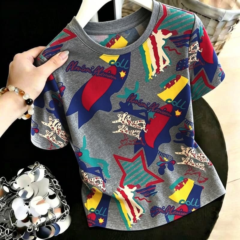 [95% combed cotton, 5% spandex] Summer fashionable and versatile niche printed short-sleeved T-shirt, stylish, youthful, and slimming.