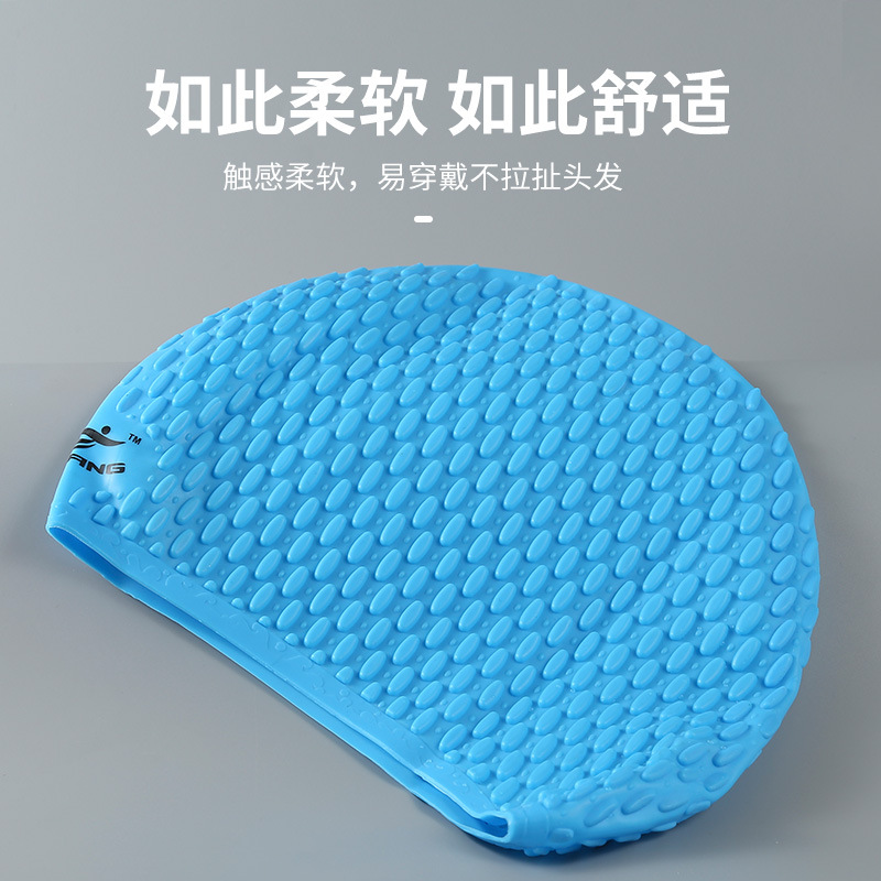 Gorro de baño de silicona con logo personalizado del fabricante Gorro de baño de gota de agua para adultos Gorro de baño de pelo largo para mujer Gorro de baño impermeable antideslizante para los oídos