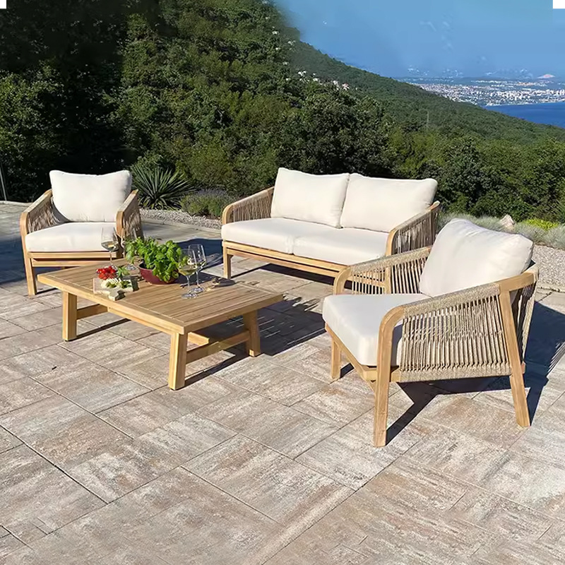 Sofá de ratán al aire libre patio jardín balcón al aire libre B & B ocio aleación de aluminio tejido silla de madera maciza combinación de muebles