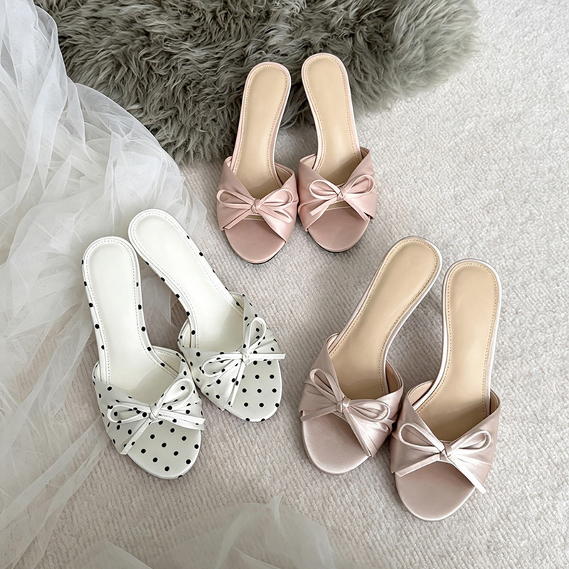 2026 New Satin Bow Polka Dot Open-Toe Sandals for Women, Summer Fairy Style Thin Heel Elegant High Heels