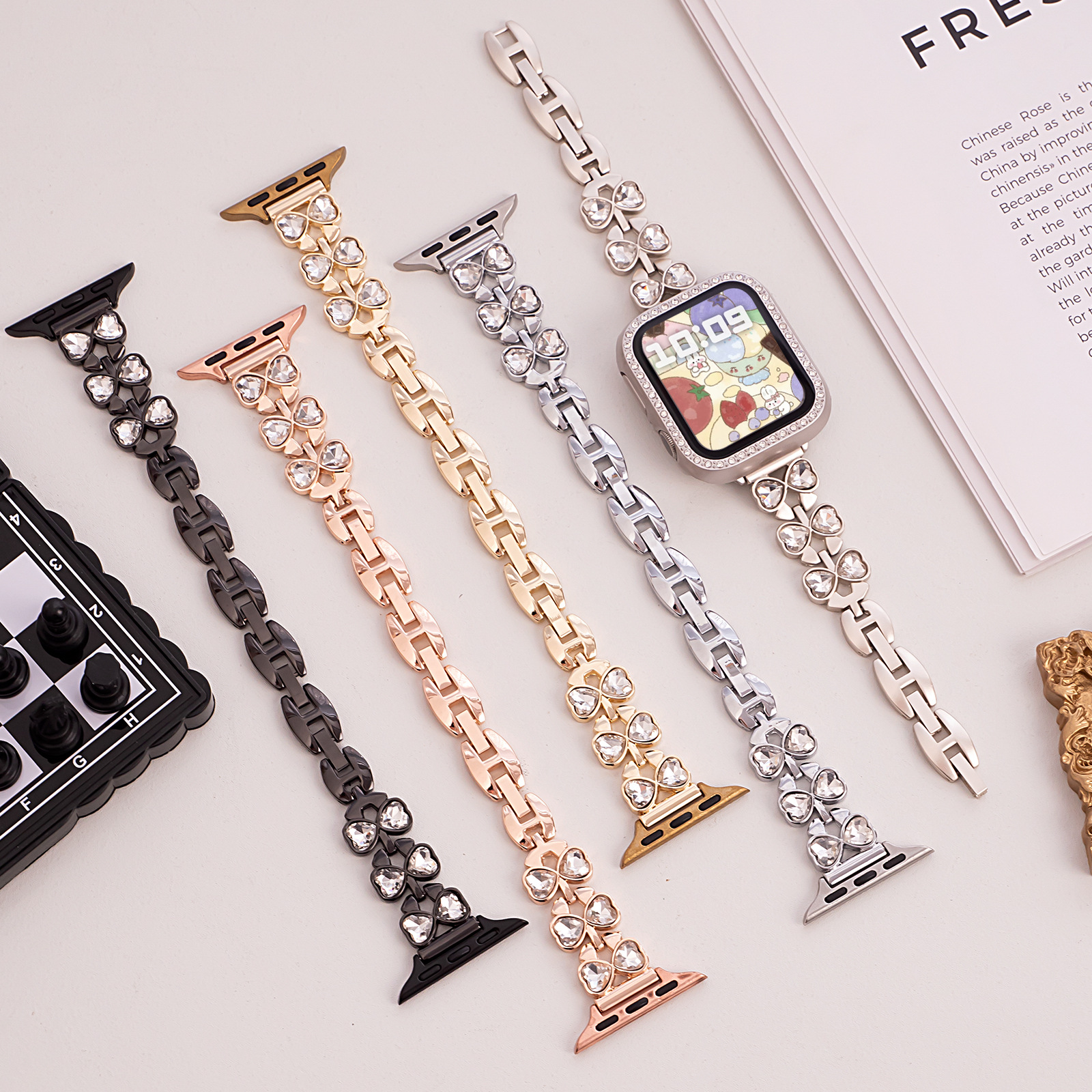 Suitable for Apple Watch Strap Applewatch Metal Double Heart-Shaped Women's Iwatchs11 Bracelet-Style Strap