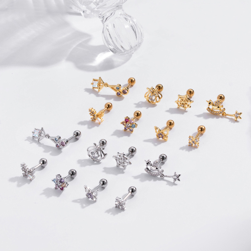 Oreillettes en Zircon papillon coloré, 2 pièces, tige épaisse en acier inoxydable, vis à Double tête, boule de perforation du Cartilage_voghion.com