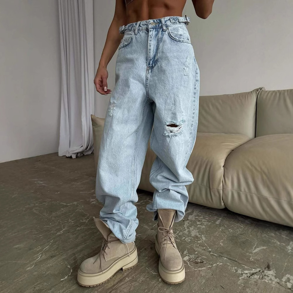 European And American Jeans Women's Straight Tube Loose High-end Sense Summer High Waist Slim Beggar Ripped Wide Leg Pants Tide