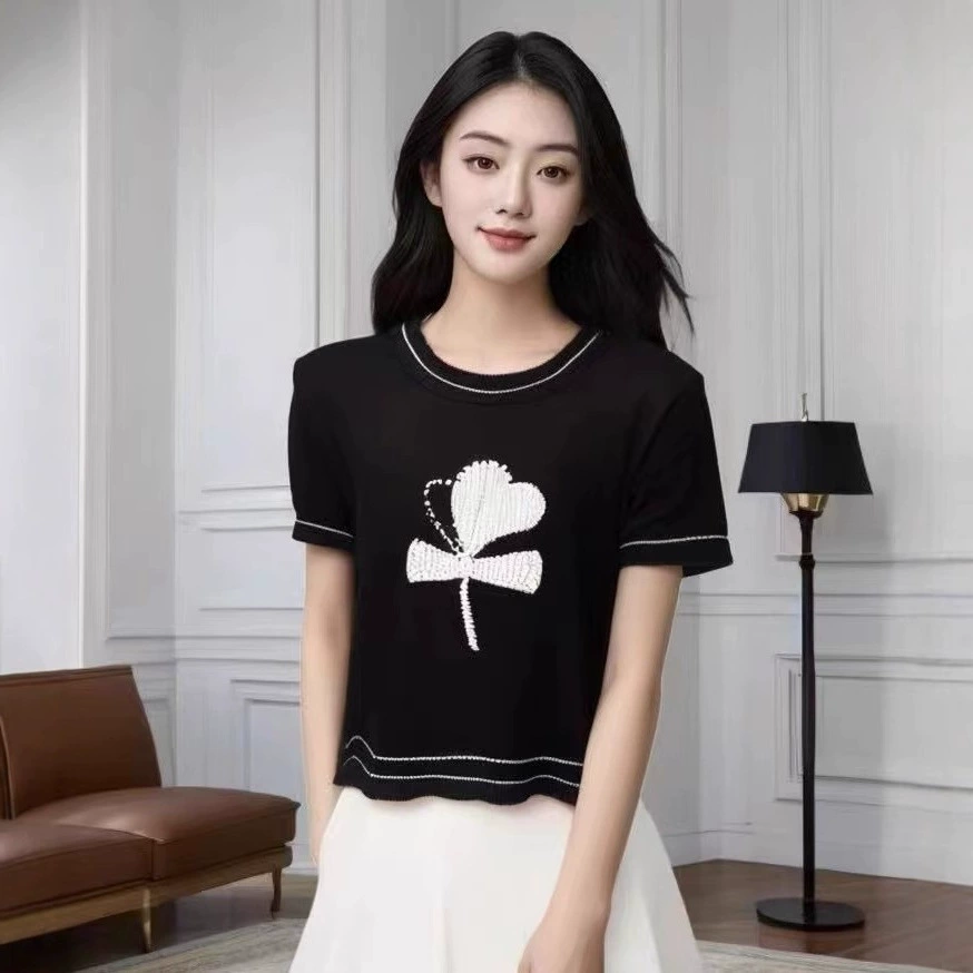 2025 новый летний стиль, маленький ароматный стиль, вязаный свитер с короткими рукавами, женский универсальный топ на правое плечо, соответствующий цвету, женский тренд