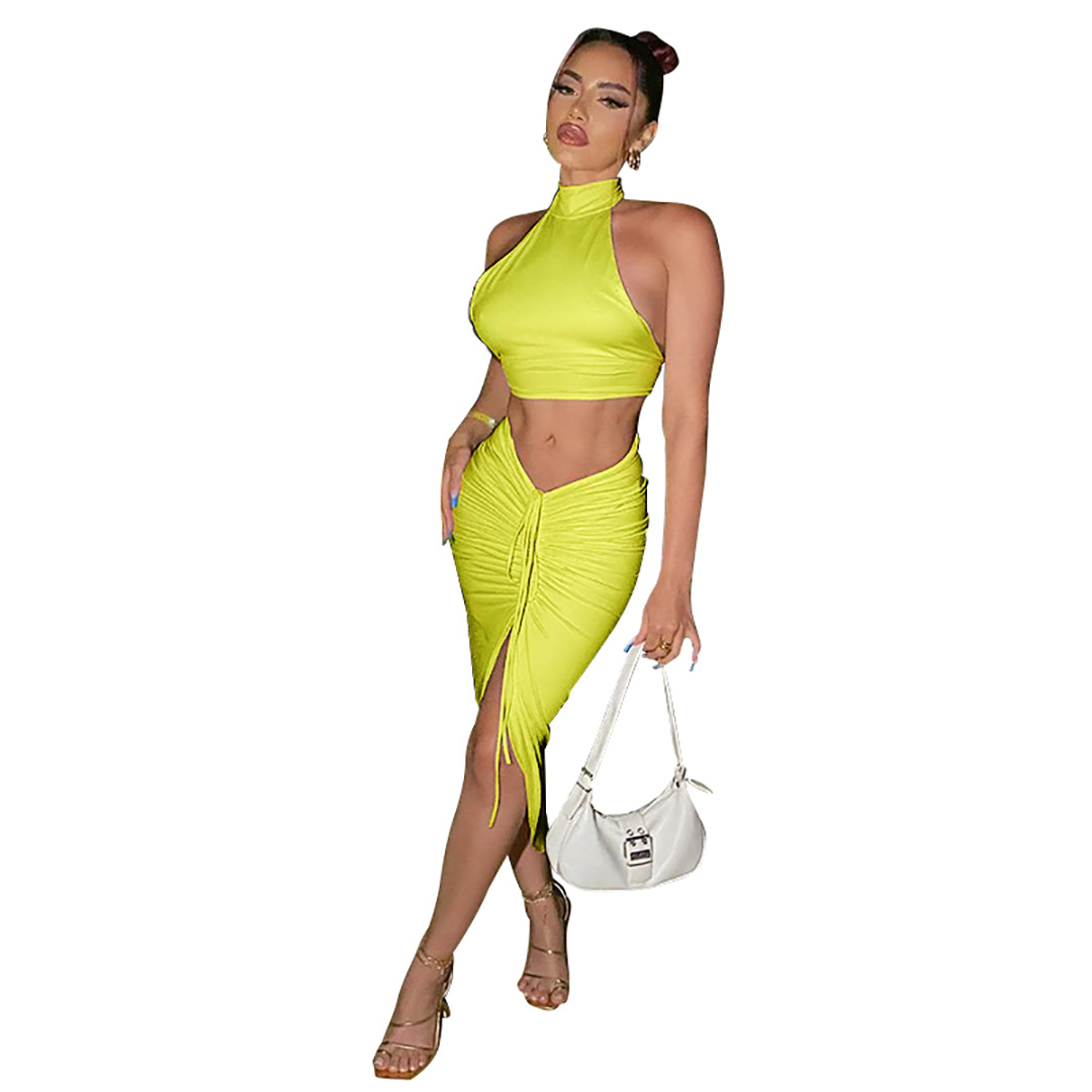 Summer Women Clothing Solid Color round Neck Cropped Backless Top Drawstring Mid Length Dress Set