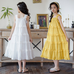 女童連衣裙夏季無袖荷葉邊吊帶裙子2024新款中大童兒童度假裙子