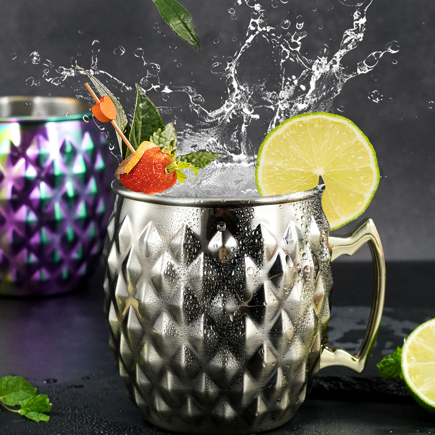 Vaso de acero inoxidable de fábrica, vaso con forma de diamante, vaso de cóctel de acero inoxidable, vaso de vino metálico, vaso de bar, vaso con forma de tambor