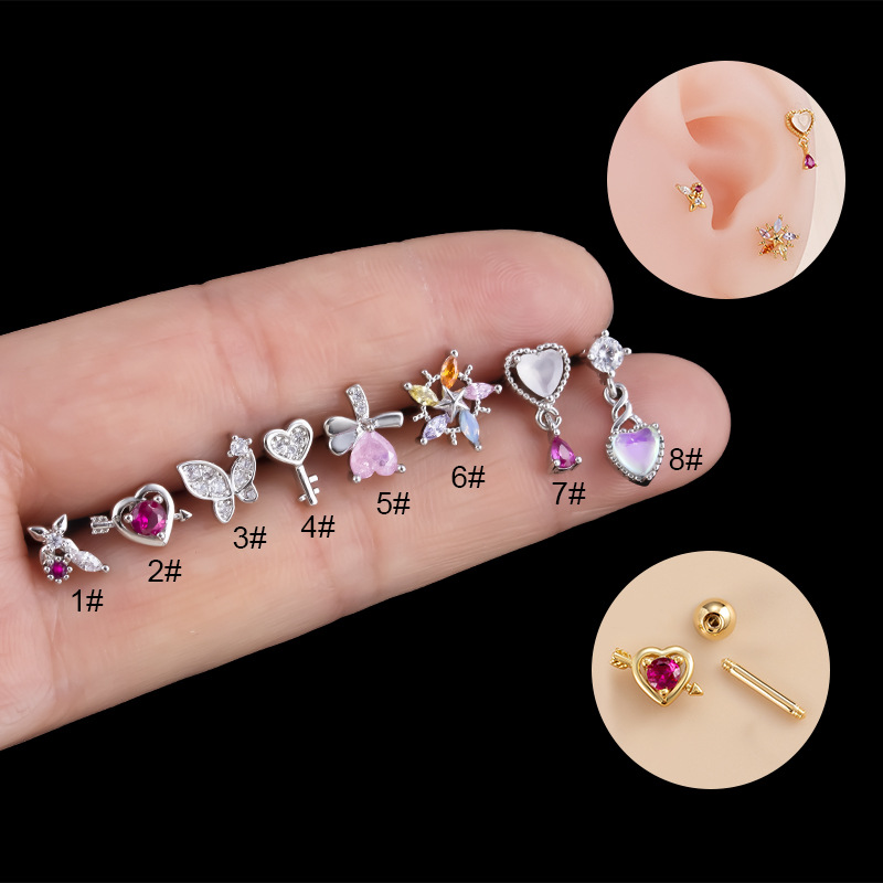1 Piece Quantity 1 Piece 316L Stainless Steel  Copper Zircon Ear Cartilage Rings & Studs Heart Shape Butterfly Waterproof Non Tarnish Surgical Steel Women'S