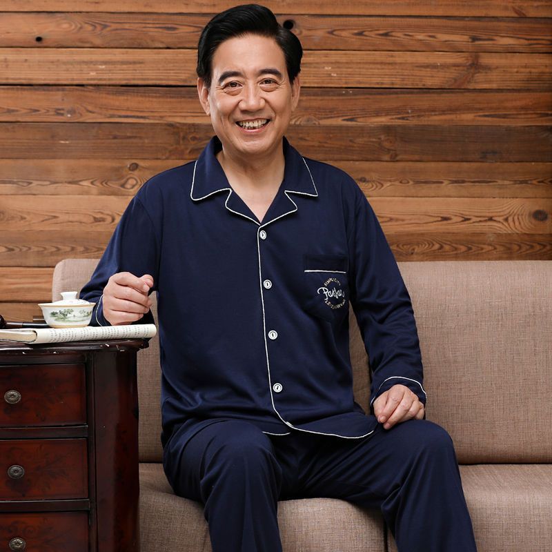 Pijamas de mediana edad y ancianos hombres 100% algodón primavera y otoño manga larga otoño e invierno más tamaño viejo papá traje de uso doméstico