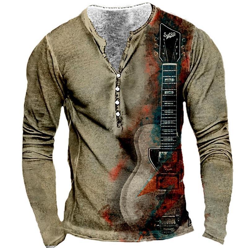 2022 retro hombres 3D digital placket abierto de siete botones Camiseta de manga larga de los hombres de guitarra patrón transfronterizo estación independiente