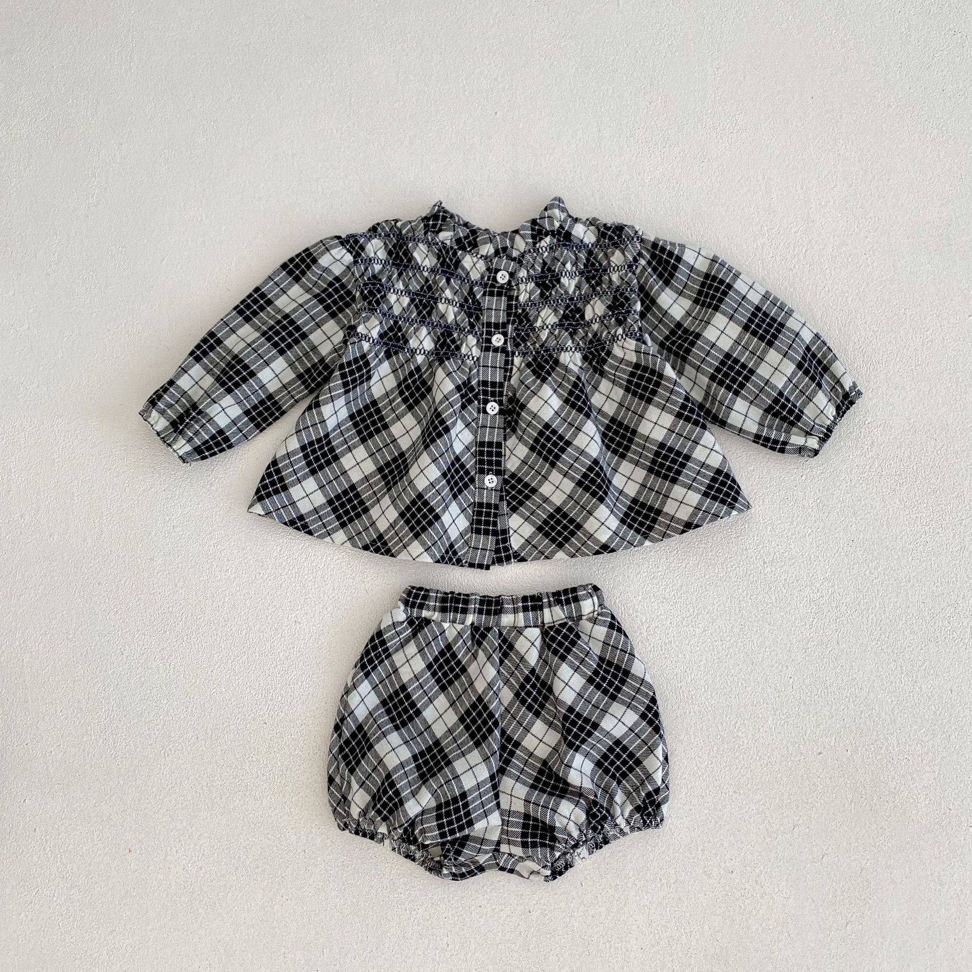 2024 Herbst/Winter Neue Baumwolle Weibliche Baby Karierten Langarm Top Strickjacke + Hose zweiteiliges Set_voghion.com