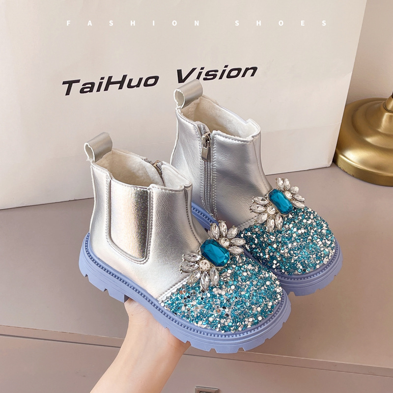 Girls' Boots Elsa Princess Crystal Kidsren's Leather Boots Autumn and Winter 2025 New Soft-Soled Fleece-Lined Short Boots Boots