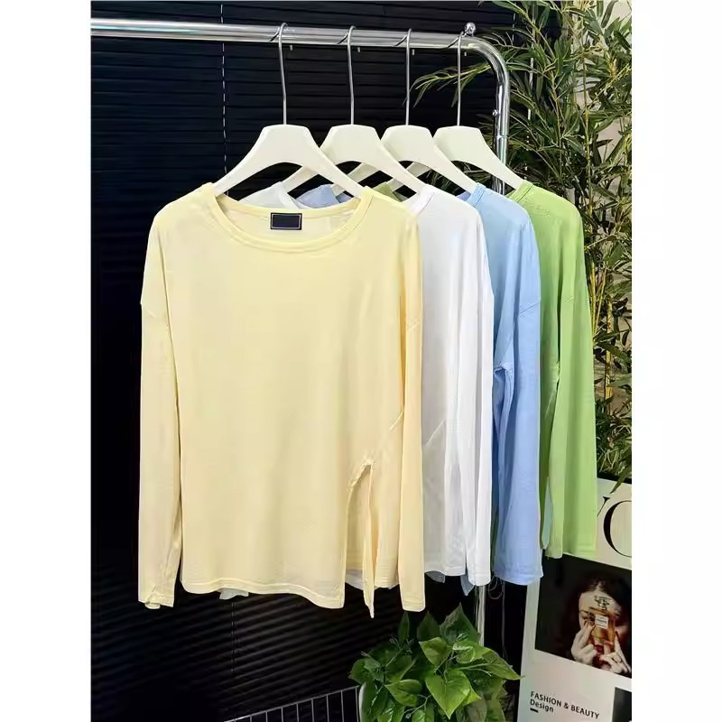 High-end, loose-fitting, slimming, slightly sheer face mask T-shirt, new summer style, irregular slit, ice silk sun protection top.