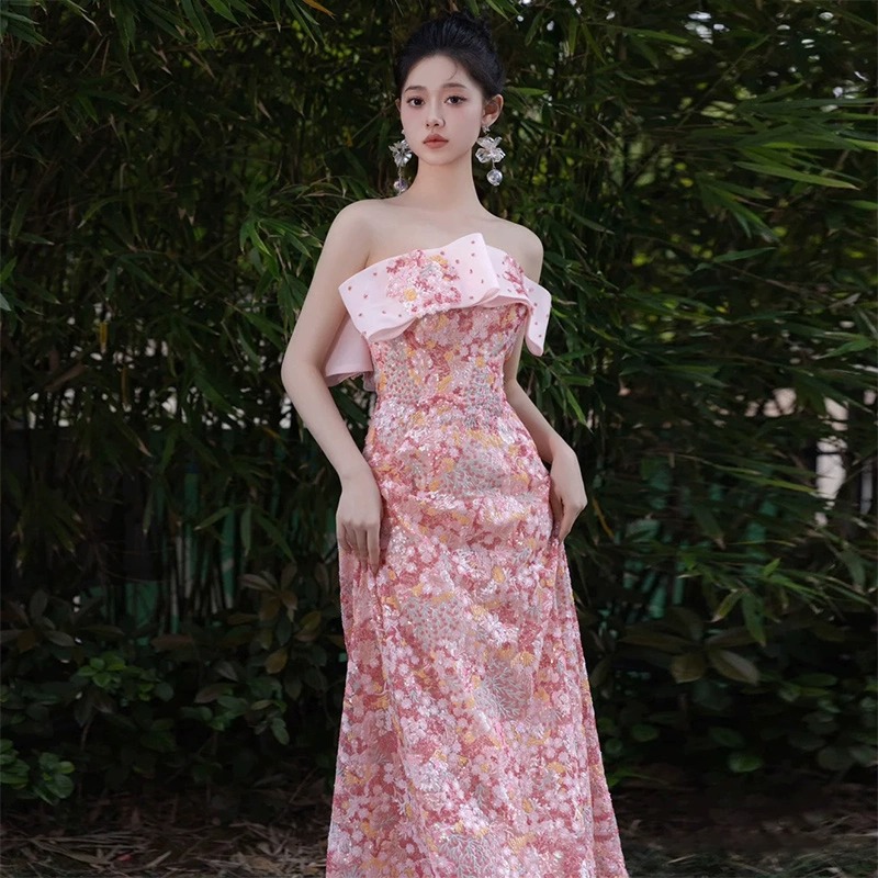 Pink Toast Dress for the Bride, High-End One-Shoulder Slimming Engagement Dress, Banquet Art Exam Evening Gown, Long Style