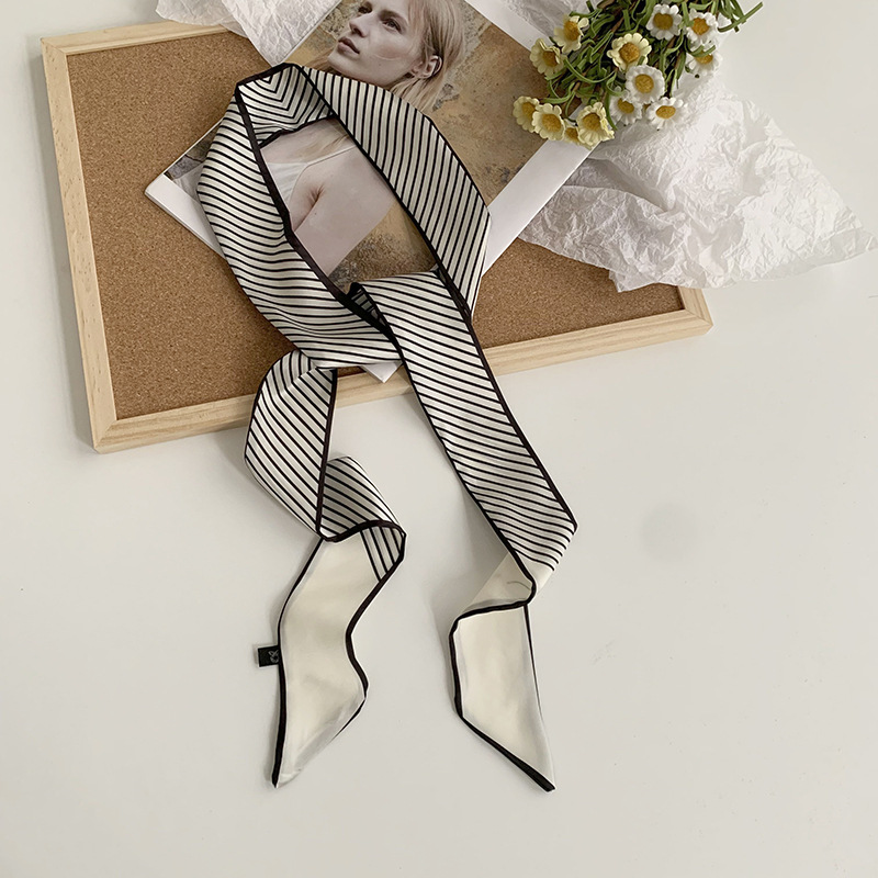 Pañuelo de seda a rayas en blanco y negro, banda larga, sentido de alta calidad, serpentín biselado de primavera y verano, bolso atado, pañuelo en la cabeza, cinturón para el cabello, cinturón para la cintura