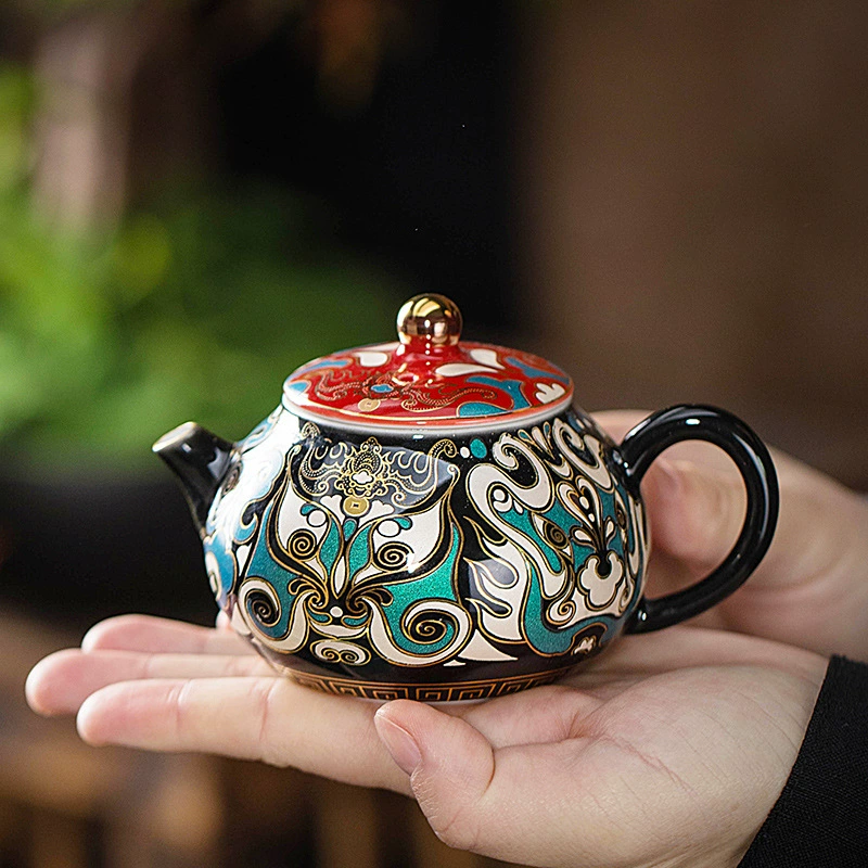 Tea set, enamel, teapot, retro tea cup, gold and silver
