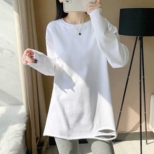Women's Loose and Slimming Long Sleeve T-shirt with Holes, Mid-Length, Innerwear, 2025 Autumn/Winter, Fleece Lined and Thickened Crew Neck Top
