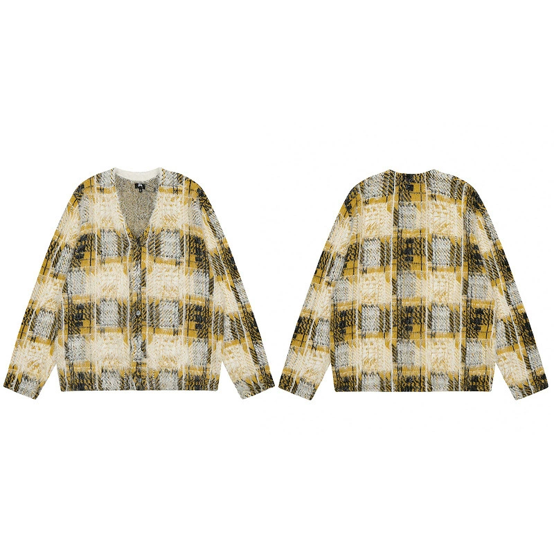 Свободный клетчатый кардиган с длинными волосами, омолаживающий свитер, мужская и женская короткая широкая вязаная куртка, пальто, Повседневный свитер для пары