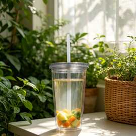 大容量双层透明吸管杯奶茶杯夏季冰杯家用办公杯便携防漏防摔杯