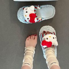 可爱甜美少女心KT猫露趾毛毛拖鞋女外穿2025秋冬新款毛绒一字拖鞋
