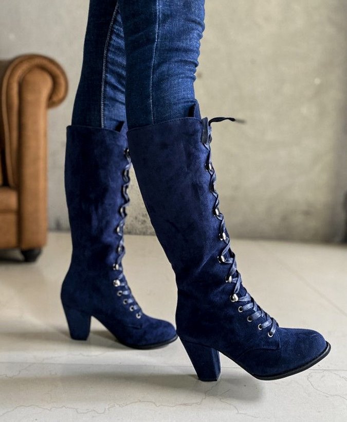 Women's Plus Size High Heeled Fashion Boots Chunky Heel Suede Cross Strap Long Boots European American Style Winter Slimming_vogvips.com