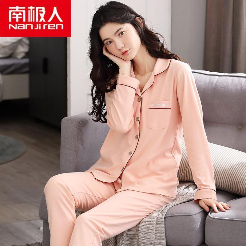 Otoño simple nuevos pantalones de manga larga más el tamaño de las mujeres pijamas 100% algodón traje de desgaste para el hogar