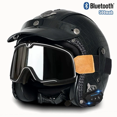 Motosiklet kaskı (dəbilqə) — cross-border electric motorcycle retro helmet - v-black-check-large-frame-goggles-bluetooth-s