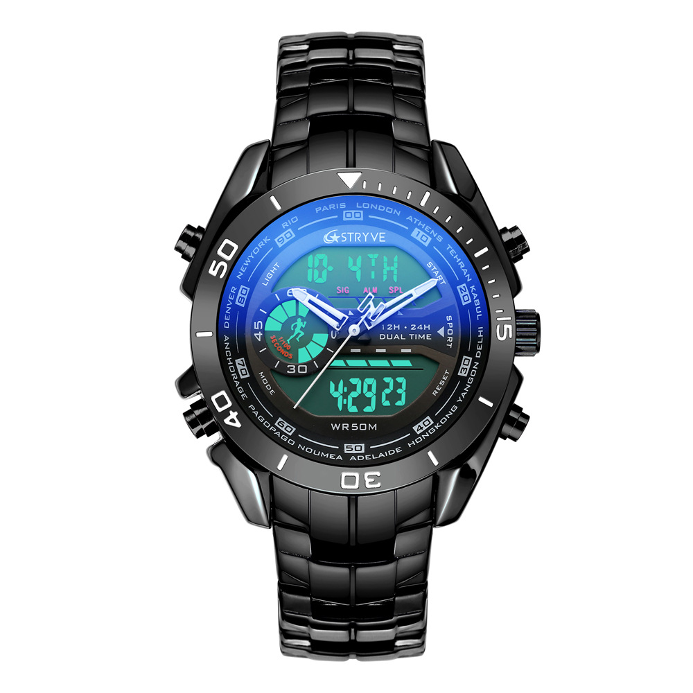 Reloj de acero inoxidable de moda para hombre STRYVE con reloj electrónico de doble pantalla reloj de cuarzo para hombre 8019