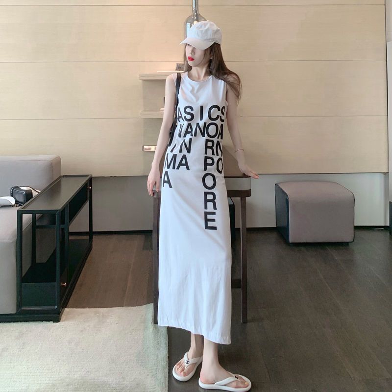 Hong Kong Style Fashion Pure Desire Vest T-Shirt Dress Women's Summer Design Letter Elegant Slit Mid-Length Skirt